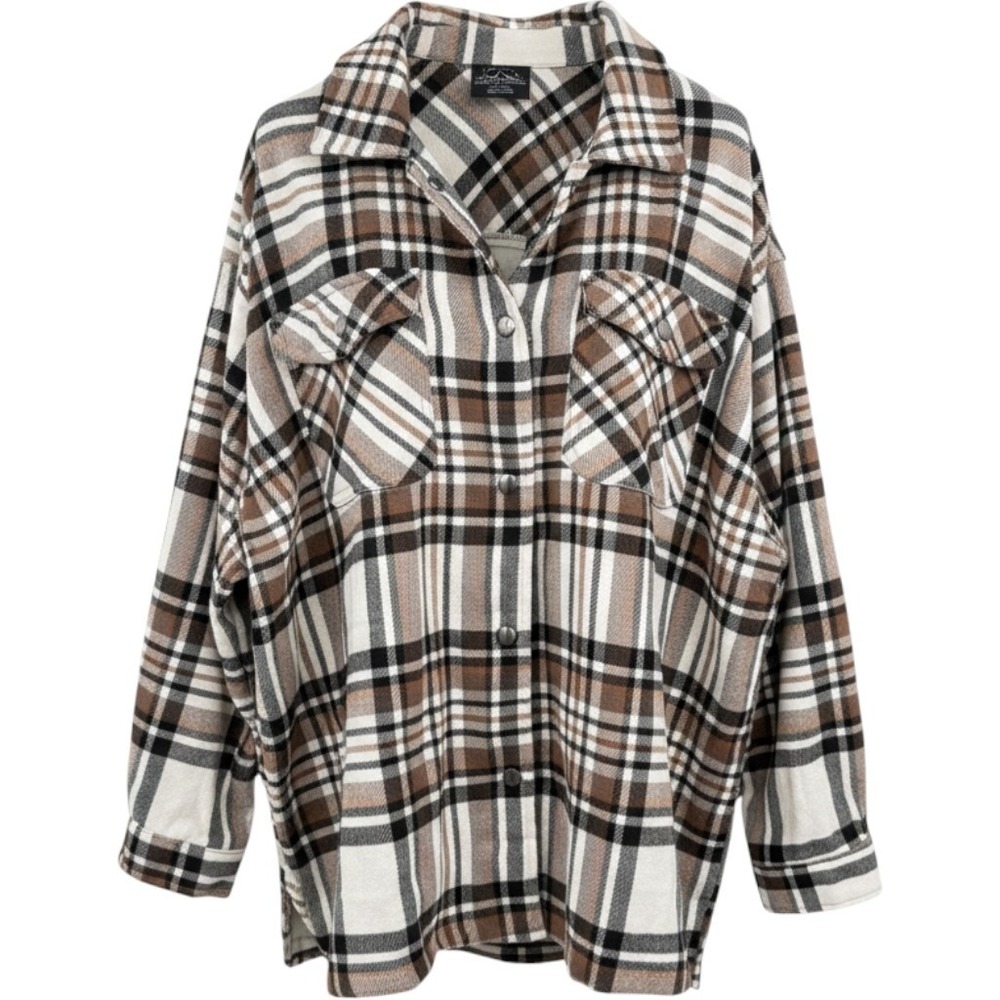 HFX Wool Blend Plaid Shacket Shirt Jacket Women's XXL Brown White Cabincore Fall